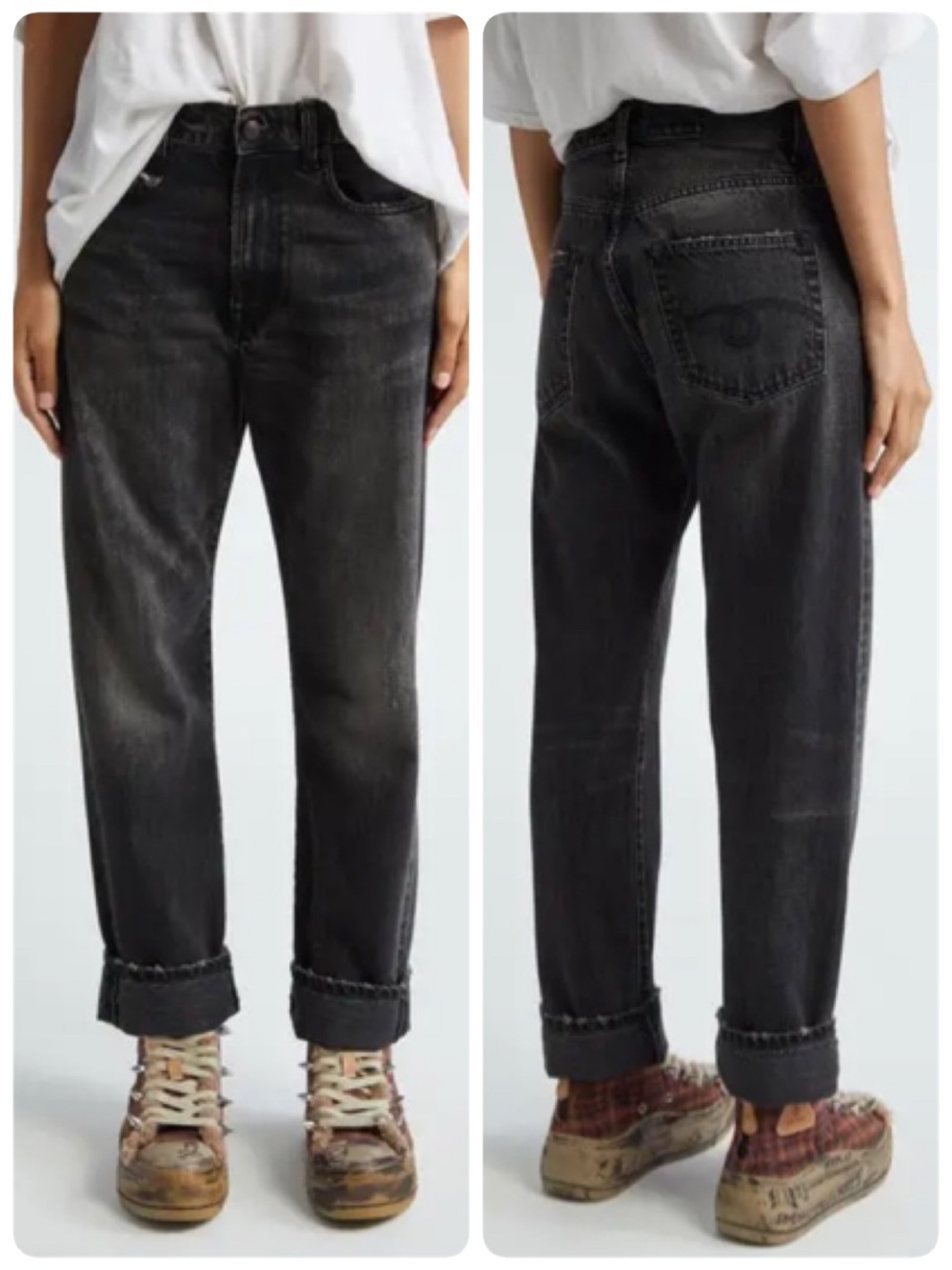 R13 Boyfriend Jeans Alton Black Gray Distressed Womens 29 Baggy Straight Leg